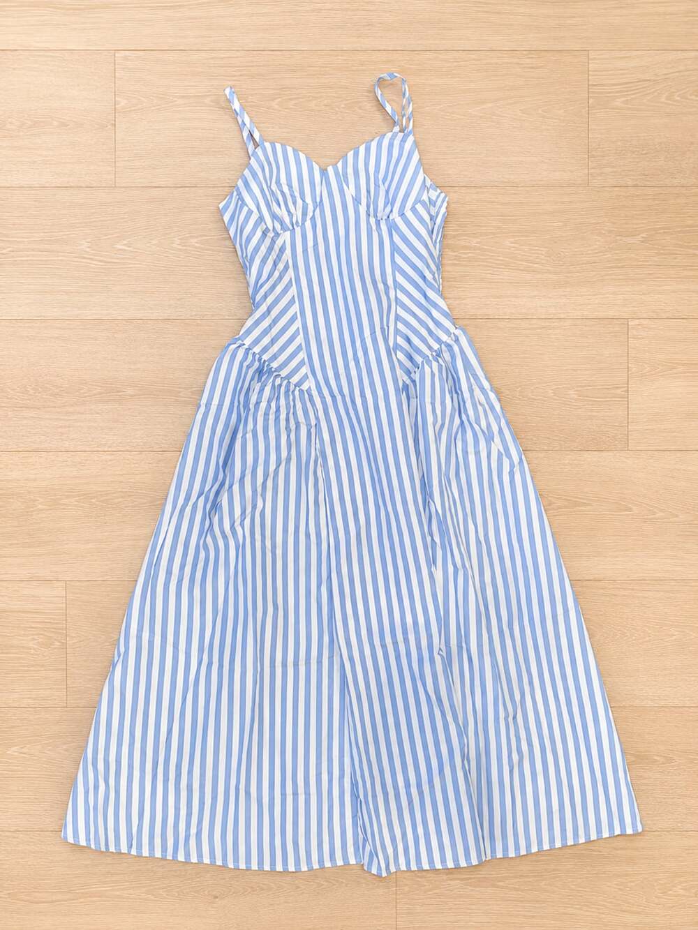 Blue and White Striped Sleeveless Midi Dress with Smocked Back